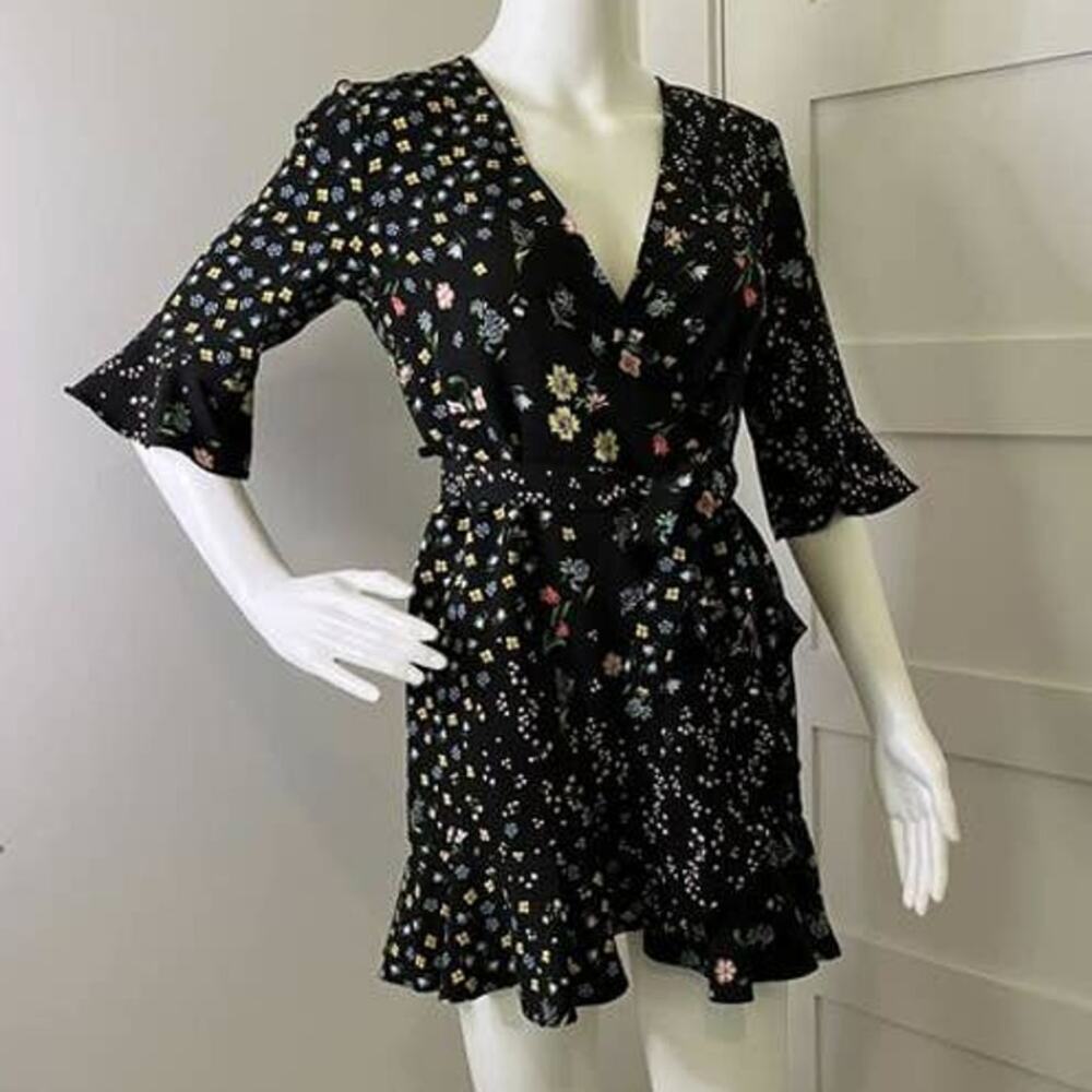 NWOT Topshop Petite 2 Black Wrap Floral Print Frill Ruffle Mini A-Line Dress